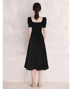 Shop tea length a line black formal dress with retro neck online. All instock with free shipping. Pro since 2009. Teacup Length Dress, Evening Knee-length Solid Color Midi Dress, Evening Solid Color Knee-length Midi Dress, Evening Midi Dress In Solid Color, Solid Color Midi Dress For Banquet, Solid Color Evening Midi Dress With Fitted Bodice, Fitted Bodice Midi Dress For Evening, Classic A-line Midi Dress For Party, Square Neck Midi Dress For Evening