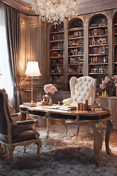 an elegant desk with chairs and a chandelier