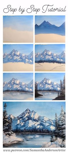 Easy Snowy Mountain palette knife acrylic painting tutorial Step By Step Painting Mountains, Learning Acrylic Painting, Mountain Landscape Painting Tutorial, Snow Mountain Painting Acrylic, How To Paint Mountains Step By Step, How To Paint Snowy Mountains, Step By Step Mountain Painting, How To Learn Painting, Snowy Mountains Painting Easy