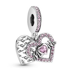 Surprise her with the Heart & Mom Dangle Charm. Hand-finished in sterling silver, the heart-shaped front disc is outlined with pink crystals and features “Mom” script with the “O” replaced by a heart set with a matching stone. The engraving “All of me loves all of you” features on the back heart-shaped disc in a repeating pattern. A row of pink sparkling stones features on the bail. Put a smile on your mom's face with this colorful design. Heart Mum, Pandora Original, Pandora Heart, Silver Bear, Charms Pandora, Bracelet Pandora, Pandora Hearts, Colourful Design, Pandora Bracelet Charms