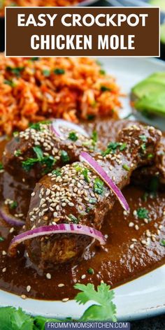 an easy crockpot chicken mole is served with rice and cilantro