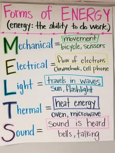 a white board with writing on it that says forms of energy and the words mechanical, electrical, light, sound