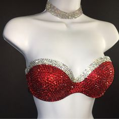 Welcome, Gorgeous Sparkly Crystal Rhinestone Bra!Extended Design Full Outers & Cups With A Luxe Trim Of Crystals, Made To Last Permanent Design Can Be Worn Many Times With All Different Outfits For Dancers Or Costumes! Looks Fab Underneath A Sheer Top Or Dress! Colours;Siam Red Crystal Diamond Design;Solid Colour With Fancy Trim To Make Colour Changes;Add To Bundle Style; Standard Padded Cups If You Would Like Extra Padding Or Natural Boost (No Padding) Or Don’t See Your Size Available Please Ad Red Mermaid Top, Beaded Bra Outfit, Red Burlesque Costume, Burlesque Aesthetic Outfit, Rhinestone Bra Diy, Crystal Bra, Bra Outfit, Rhinestone Bra, Red Mermaid