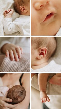 four different pictures of a baby's head and hands, with the top one being held