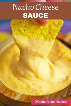 a hand dipping cheese sauce into a bowl with the words, how to make nacho cheese sauce