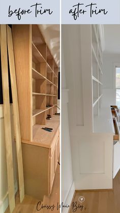 before and after pictures of a kitchen remodel with wood flooring, built - in shelving cabinets, and white painted walls