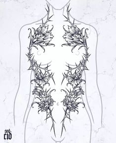 a drawing of the back of a woman's torso with flowers on it and leaves