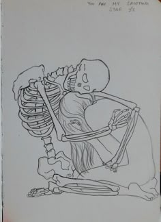 a drawing of a skeleton sitting next to a woman holding a baby in her arms