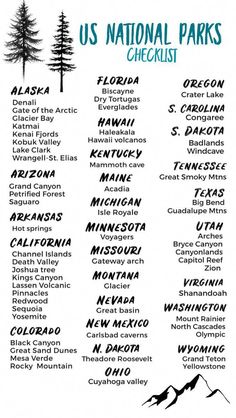 the us national parks checklist is shown in black and white, with trees on it