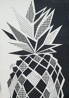 a black and white drawing of a pineapple with geometric designs on it's side