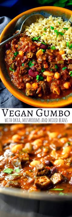 vegan gumbo with oka mushrooms and mixed beans in a large orange bowl