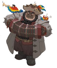 a cartoon character dressed as a pirate with birds on his head and chest, standing in front of a white background