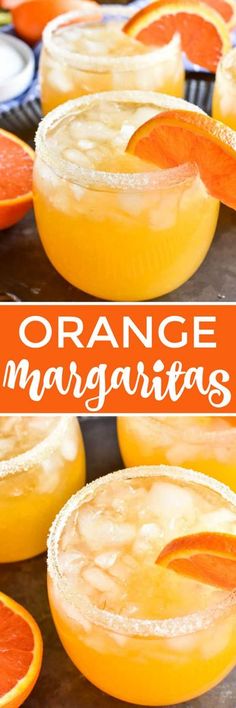 orange margaritas are garnished with an orange slice