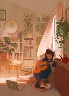 a woman sitting on the floor with a guitar in her hand and a dog laying next to her