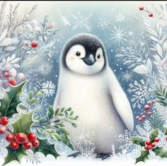 a penguin sitting in the snow surrounded by holly and berries