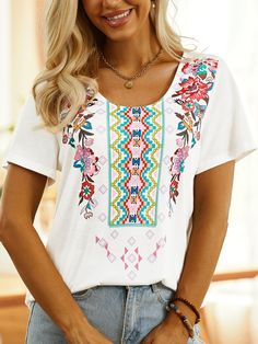 Product Details Product Title: V Neck Boho T-Shirt QAW45 S: (CM) Shoulder 39.2,Bust 98,Sleeve Length 19.5,Length 65 M: (CM) Shoulder 40.5,Bust 103,Sleeve Length 20,Length 66.5 L: (CM) Shoulder 41.8,Bust 108,Sleeve Length 20.5,Length 68 XL: (CM) Shoulder 43.1,Bust 113,Sleeve Length 21,Length 69.5 XXL: (CM) Shoulder 44.4,Bust 118,Sleeve Length 21.5,Length 71 3XL: (CM) Shoulder 45.7,Bust 123,Sleeve Length 22,Length 72.5 Clothes Length: Regular Sleeve Length: Short sleeve Edition type: Fit Elasticit Spring Patterned Short Sleeve T-shirt, Summer Patterned Crew Neck Tops, Patterned Graphic Tee For Summer, Summer Patterned Graphic Tee, White Printed Casual T-shirt, Casual Patterned Spring T-shirt, Casual White Printed T-shirt, White Bohemian Crew Neck Top, Casual White Tops With Floral Print