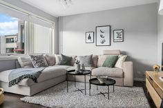 a living room filled with furniture next to a large window covered in windowsills