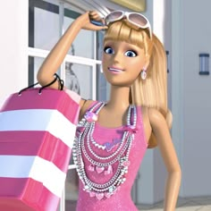 a barbie doll holding a shopping bag in front of a storefront with sunglasses on her head