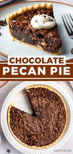 chocolate pecan pie on a plate with a fork