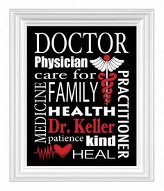 a black and white framed print with the words doctor in red, blue, and green