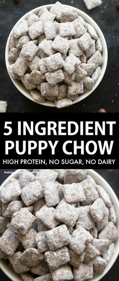 a bowl full of puppy chow with the words 5 ingredient puppy chow in front of it