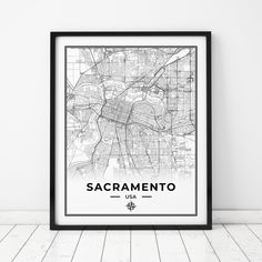 a framed black and white map of sacramento, california with the words sacramento on it