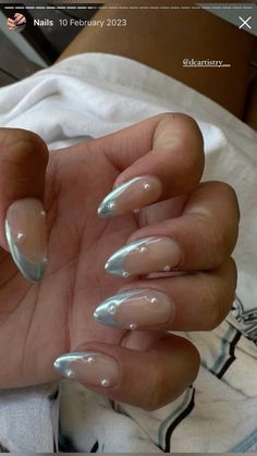 Blue Chrome French Tip, Blue Chrome French Tip Nails, French Tip Nails With Pearls, Chrome French Tip Nails, Nails With Pearls, Chrome French Tip, Cinderella Nails, Chrome French, Blue Chrome Nails