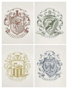 four different colored crests on white paper