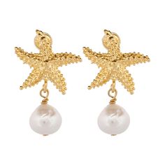 Majestic Gold Starfish & Pearl Earrings capture the enchantment of the ocean with a touch of elegance. Crafted with a beautiful 24k gold plating, these earrings feature a charming starfish motif that radiates a warm, golden glow.  Dangling delicately from each starfish is a lustrous pearl, adding a classic and sophisticated element to the design. The combination of the playful starfish with the refined beauty of the pearls creates a versatile accessory perfect for both casual beach days and more formal seaside evenings.  These earrings are an ideal choice for anyone looking to embody the serene and majestic spirit of the sea while maintaining a chic and polished look. Details 24K gold plated on brass Pearl Stone Length 1'' Avoid contact with chemicals, makeup, parfume. Do not use dips or a Fine Gold Necklace, Starfish Earrings, Pearl Stone, June Birthstone Jewelry, Golden Glow, Gold Pearl Earrings, Gifts For New Mums, Pearl Jewellery Earrings, Evil Eye Jewelry