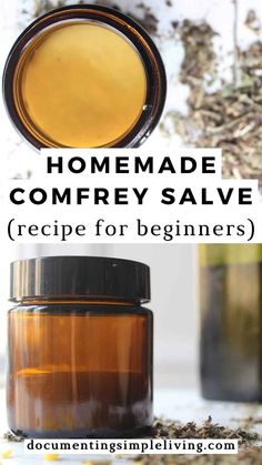 An overhead shot of DIY comfrey salve in a glass jar with dried comfrey next to it. Dried comfrey leaves in front of am amber glass jar and a green olive oil container.