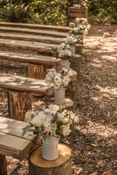 several wooden benches lined up with flowers in vases