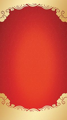 a red and gold background with an ornate frame in the shape of a circle on it