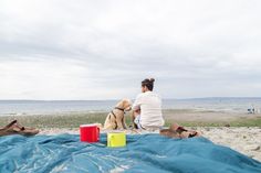 a woman sitting on the beach with her dog next to some buckets and cups