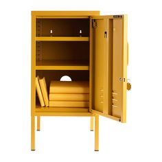 an open yellow metal cabinet with books inside