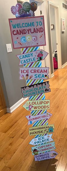 #VBS #TwistAndTurn #CandyLand Candyland Bulletin Board Ideas Schools, Candy Land Signs Diy, Candyland Signs Diy, Candy Theme Door Decoration, Candyland Photo Backdrop, Candy Classroom Door Ideas, Candy Castle Candyland