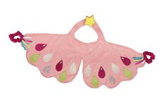 a pink and green butterfly shaped bib with yellow stars on the top, sitting on a white background