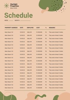 the schedule for an event is shown in green and pink colors, with numbers on each side