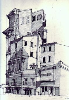 a drawing of an old building with windows and balconies on the top floor