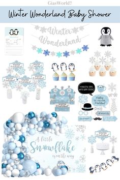 the winter wonderland baby shower is shown with blue and white decorations, snowflakes, penguin