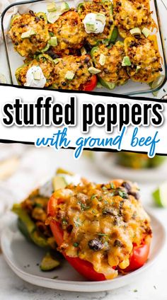 stuffed peppers with ground beef on a white plate and in a casserole dish