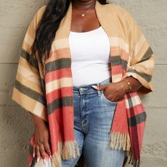 This Cardigan Features A Timeless Plaid Pattern That Effortlessly Complements Any Outfit, Whether It's A Casual Day Out Or A Cozy Evening In. The Luxurious Blend Of Materials Ensures Both Warmth And Comfort, While The Shawl-Like Design Adds An Elegant Touch. With Its Easy-Wear Open Front And Generous Fit, Our Plaid Pattern Shawl Poncho Cardigan Is A Must-Have Layering Piece That Combines Fashion And Function Seamlessly. Elevate Your Ensemble With This Chic And Cozy Cardigan, Embracing A Blend Of Poncho For Plus Size Women, Luxury Casual Orange Shirt, Plaid Shawl, Poncho Cardigan, Cozy Evening, Cozy Cardigan, Shrug Sweater, Khaki Color, Cardigan Jacket