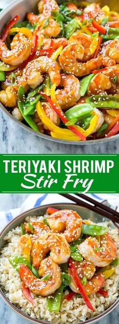 shrimp stir fry in a pan with rice and vegetables