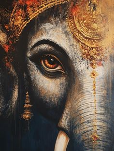 an elephant's eye is painted on the side of its face with gold accents