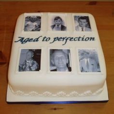 a cake that has pictures on it with the words age to perfection written in blue