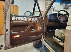 the interior of a vehicle in a garage