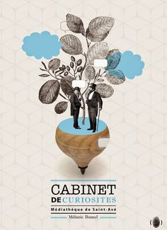 a poster with two people standing on top of a vase filled with leaves and flowers