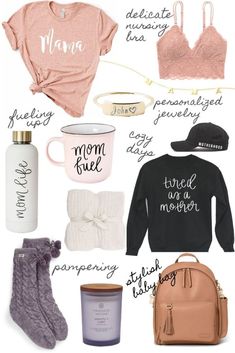 the contents of a woman's travel bag including sweaters, coffee mug and handbag