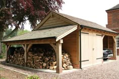 an image of a log shed with wood stacked in the front and on the side