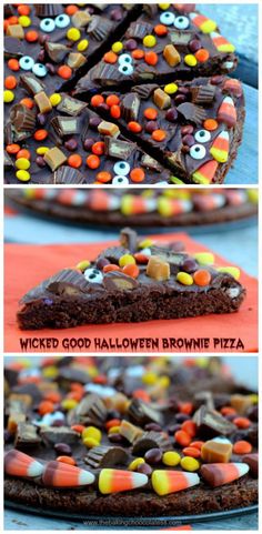 halloween brownie pizza with chocolate and candy on top, then topped with candies