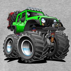 a green monster truck with big tires on it's front wheels is shown in this image